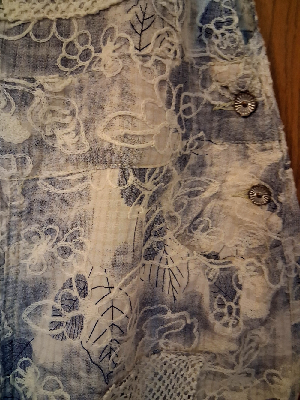 POL Blue and White Embroidered Wide-Leg Patchwork Overalls Sz S - Picture 7 of 16